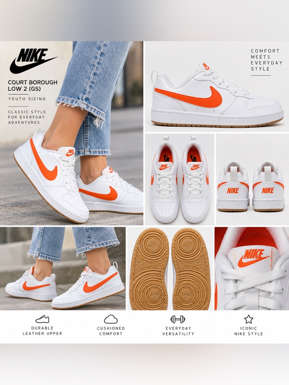 Nike Court Borough Low 2 GS White Orange Sneakers Youth 7Y New